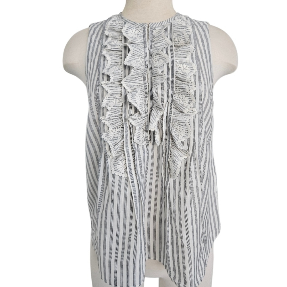 Rebecca Taylor Sleevless Gray and White Ruffle Striped Eyelet Bib Blouse - Picture 4 of 11